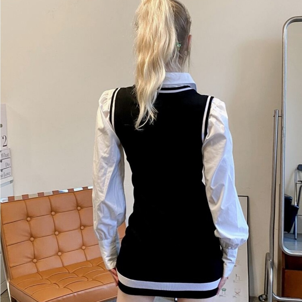 Black and White Sleeveless Sweater Dress with White Blouse - Picture 2 of 3